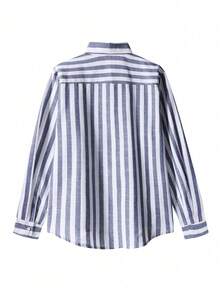 glestore Men's Plus Size Vintage Old Money Style Striped Beach Shirt, Button-Up Long Sleeve, Versatile Casual Top, Suitable For All Seasons And Summer - Navy Blue - View 5