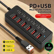 12口USB快速充電站 - 6個Type-C PD接口和6個USB-A接口，適用於筆記本電腦/平板電腦/多台設備。緊湊設計，高速充電和USB適配器工作空間電源中心。科技必需品12口6USB+6Type-C/PD USB充電站和集線器，66W快速充電，兼容智能手機、平板電腦、筆記本電腦、PD設備 - 緊湊多口充電器，USB充電網關，無需外部AC適配器 - 查看 2