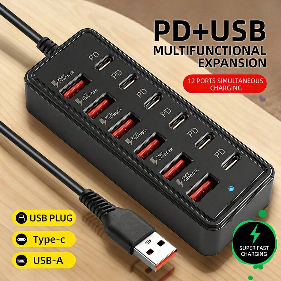 12口USB快速充電站 - 6個Type-C PD接口和6個USB-A接口，適用於筆記本電腦/平板電腦/多台設備。緊湊設計，高速充電和USB適配器工作空間電源中心。科技必需品12口6USB+6Type-C/PD USB充電站和集線器，66W快速充電，兼容智能手機、平板電腦、筆記本電腦、PD設備 - 緊湊多口充電器，USB充電網關，無需外部AC適配器