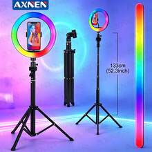 AXNEN 26cm/10" RGB LED Ring Light With 52.3"/1330mm Adjustable Tripod, Rotation Clamp & Phone Holder, Floor/Desktop Stand, 39 Colors, 10 Brightness Levels, Dimmable Lighting Color, For Makeup, Selfie, Meeting, Photography, Live Streaming - Multicolor - View 1