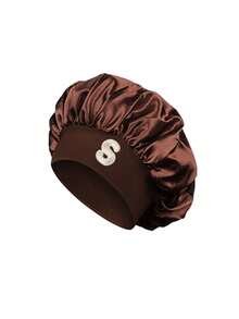 1pc Unisex Customized A-Z Letter Satin Sleep Cap, Soft Comfortable Wide Brim Elastic Silk Sleep Cap, Suitable For Daily Wear - Coffee Brown - View 8