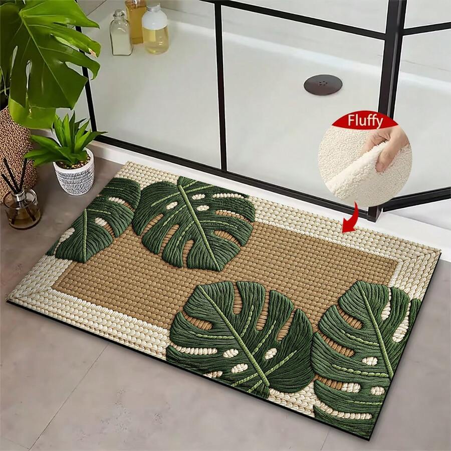 1pc Green Leaf Pattern Design Microfiber Bath Rug,Non-Slip And Soft Bathroom Mat,Doormat, Water Absorption Mat,Machine Washable,Low Pile,TPR Backing,Knit Fabric,ForBedroom,Kitchen,Entryway,Indoor Use,Accessories & Home Decor, Perfect New Home Gift. - Multicolor - View 1