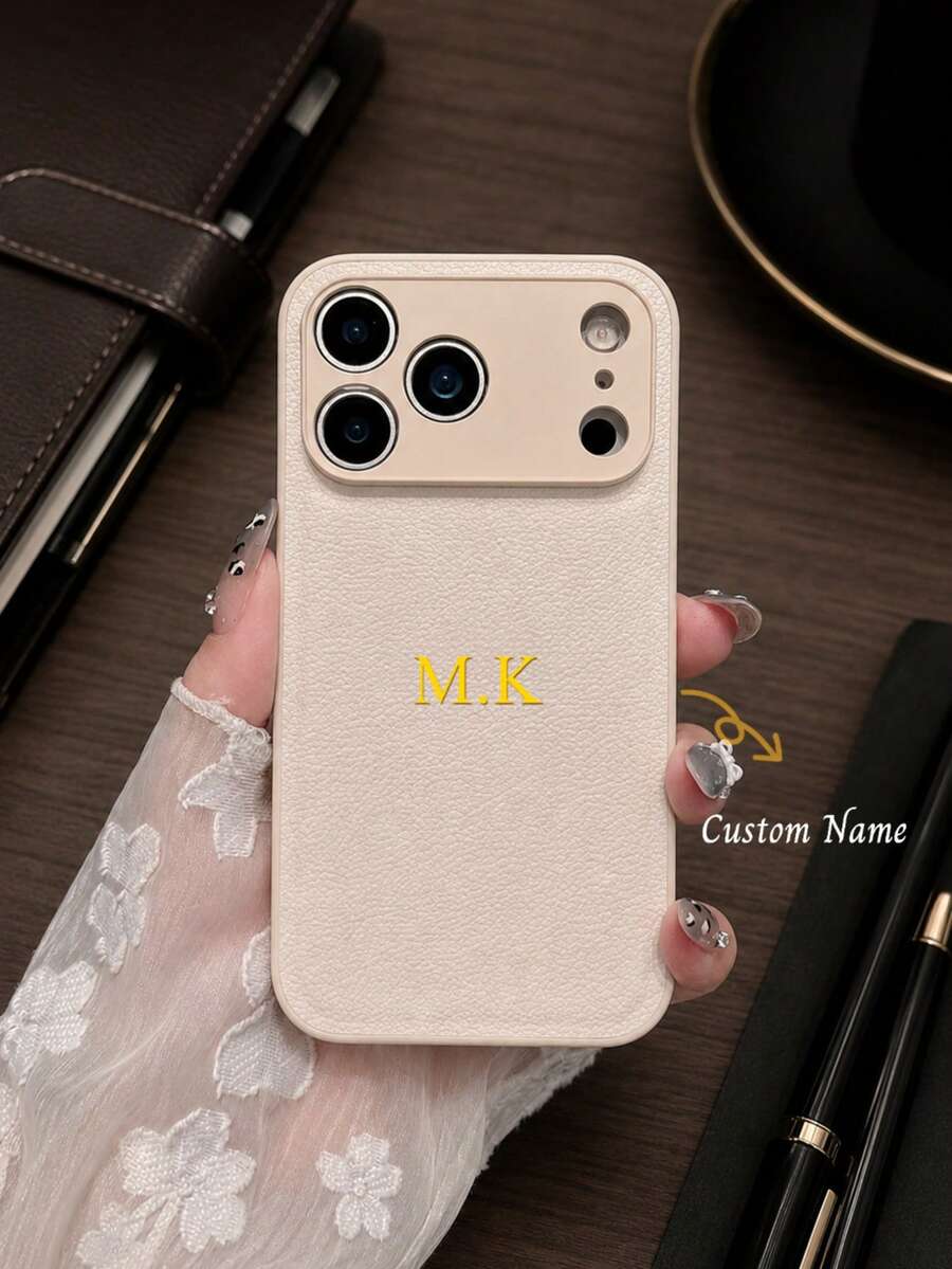 1件個性化奢華荔枝紋人造皮革手機殼，字母姓名客製化，適用於 Apple 17 16 15 14 13 12 11 Pro Max 16 Plus，全包覆鏡頭防摔手機殼，金銀韓式簡約復古情侶手機殼，生日禮物、聖誕禮物、女性個性化禮物、Etsy/客製化產品、為她的客製化禮物、週年紀念禮物、婚禮禮物
