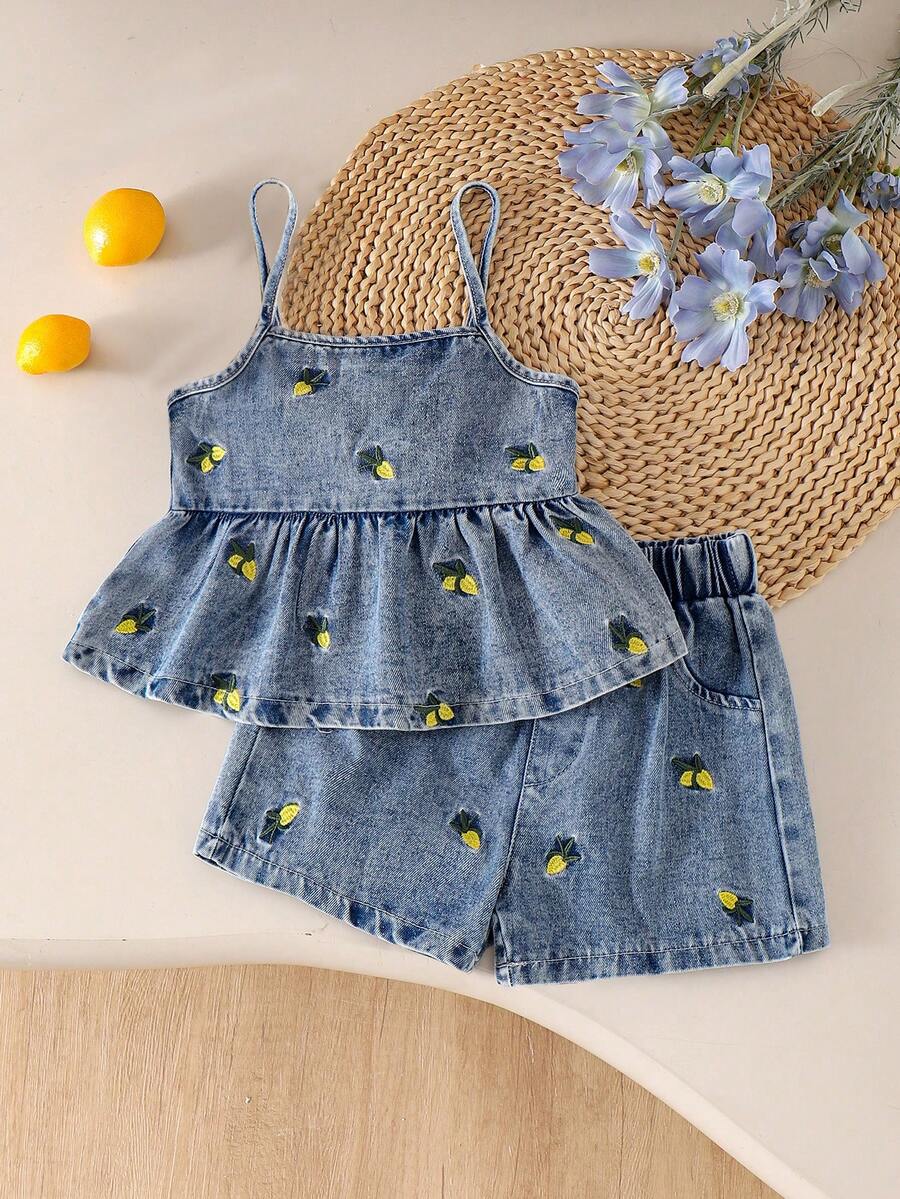 2pcs/Set Girls Toddler Street Cute Style Denim Embroidered Camisole Top & Denim Shorts Set Summer - Navy Blue - View 1