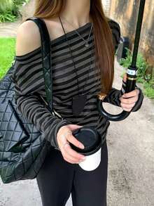Kaos Lengan Panjang Off-Shoulder Garis Kontras, Atasan Rajut Elastis Slim Fit, Pakaian Kasual Musim Gugur Hitam dan Abu-abu untuk Wanita, Gaya Streetwear Y2K - Hitam - View 4