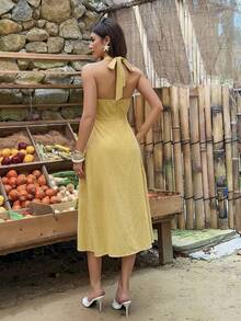 Gaun Midi Halter Kuning Wanita Musim Gugur, Gaun Linen A-Line dengan Ikatan Punggung Bentuk Hati untuk Kembali ke Sekolah, Liburan, Ulang Tahun, dan Acara Keluar Rumah - Kuning - View 2