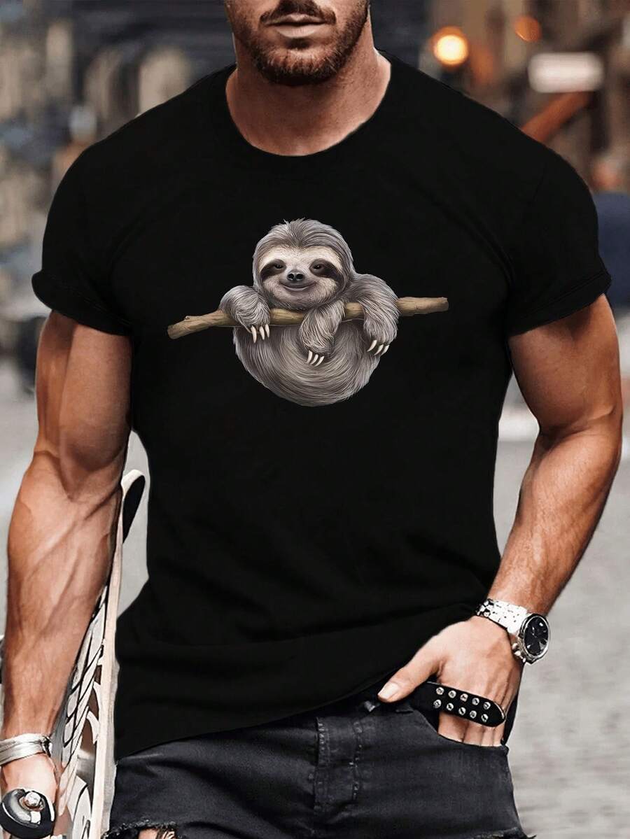 Summer T-Shirt For Men, Plus Size - Sloth Bear Gradient Design, Casual Short Sleeve T-Shirt, Breathable, Machine Washable, Ta - 黑色 - 查看 1