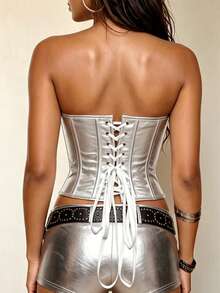 ApperlothPOP Cyberpunk Silver Corset PU Coated Heart-Shaped Pleated Collar Front Button Strapless Crop Top Women's Stage Performance Nightclub Outfit - Silver - View 4