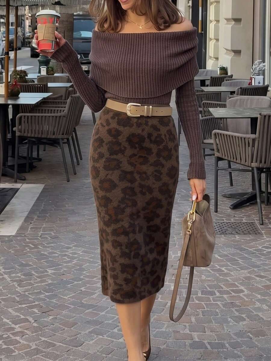 Women's Fashion Street Leopard Print Knit Midi Skirt - Brown - View 1