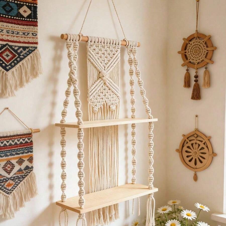 Prateleira de Armazenamento de Parede Tecida à Mão Estilo Boêmio, Estante de Livros, Prateleira de Exibição de Plantas em Vasos, Decoração de Parede de Armazenamento para Sala de Estar de Pousada - Bege de camada única - Visão 1