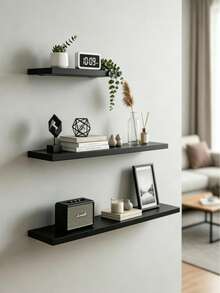 Minimalist Floating Wall-Mounted Shelf, 40/50/60/70/80cm Multi-Size Wooden Display Rack, Invisible Bracket, Wall-Mounted Display Storage Shelf, Modern Hanging Storage Rack, Suitable For Books, Photos, Decor, Bedroom, Living Room, Bathroom, Home Decor - Black - View 2