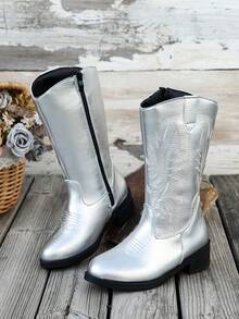 A Pair Of Fashionable And Durable New Embroidered Western Style Cowboy Boots, Suitable For Concerts And Performances,Travel And Various Places Wearing - Silver - View 2