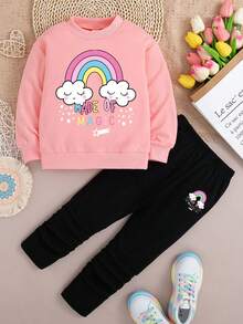Tween Girl Cartoon Rainbow Print Crew Neck Sweatshirt And Leggings Casual Set - Pink - View 1