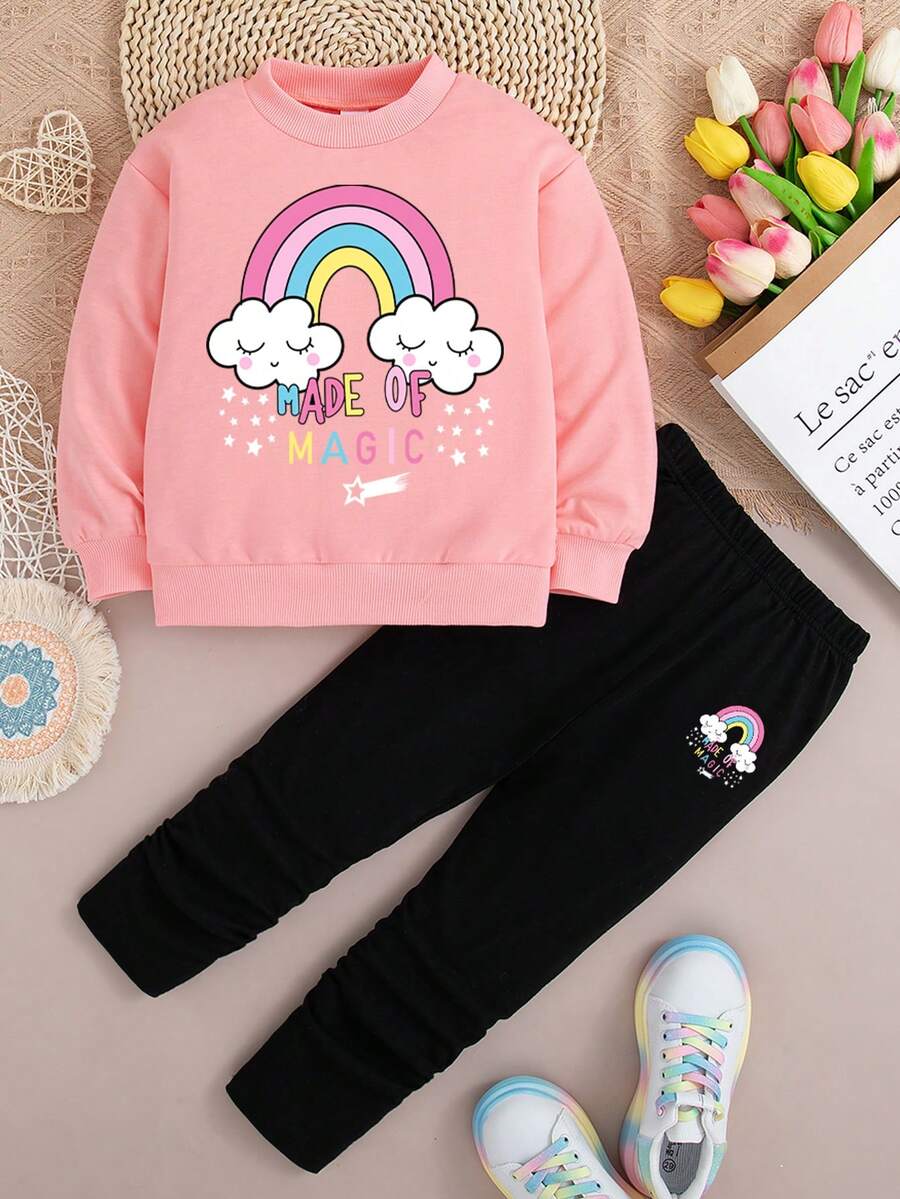 Tween Girl Cartoon Rainbow Print Crew Neck Sweatshirt And Leggings Casual Set - Pink - View 1