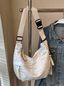Fashionable Black Nylon Waterproof Shoulder Bag, Casual Minimalist College Style, Wide Strap Crossbody Bag With Multiple Zipper Design, Suitable For Students, Classes, Shopping, Daily Use - Beige - View 3