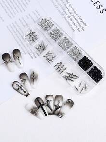 12-Grid Gothic Style Nail Art Decoration Set, Vintage Silver Cross And Scissor Metal Nail Studs, Mixed Size Black Round Rhinestones And Silver Micro Caviar Beads, Punk Dark Y2K 3D Nail Art Decor, Suitable For Nail Salon And Home DIY Nail Accessories, Nail Supplies - Multicolor - View 8