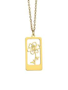 suteyi Exquisite Customized Name & Birth Flower Necklace, Personalized Engraved Hollow Floral Rectangular Pendant (18K Gold Plated), Suitable For Birthday, Valentine's Day Or Christmas Customized Commemorative Jewelry Gift - Gold - View 6