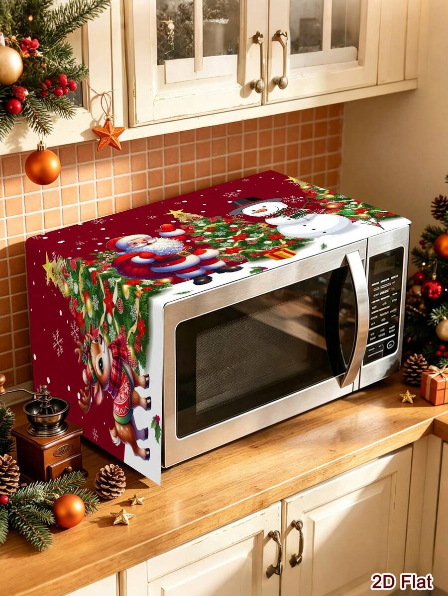 1pc 2D Flat Red Christmas Microwave Oven Cover,Polyester Santa Reindeer Tree Pattern Toaster Cover,Protective Dustproof Wrap For Holiday Kitchen
