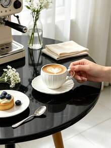 6pcs/1pc European Style Pumpkin Shaped Ceramic Coffee Cups 90ml/3oz, Includes 6pcs Tea Cups And Saucers, Cup Body With Embossed Vertical Stripe Design, Edge Decorated With Daisy Petal-Shaped Wavy Decoration - Creamy White - View 5