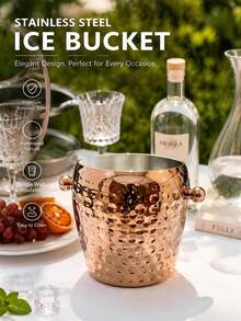 1pc Stainless Steel Small Capacity Ice Bucket, Copper Plated Hammered Texture Ice Bucket, Silver Hammered Single Layer Ice Bucket, Can Hold 1 Bottle Of Beer, Suitable For Home Kitchen And Restaurant Tabletop Decoration, Party & Wedding - View 6