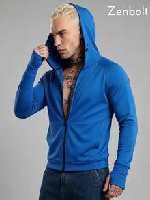 Zenbolt Men's Full Zip Hooded Jacket, Raglan Long Sleeve, Side Pockets,Ribbed Cuffs With Thumb Holes, Slim Fit For Daily Casual Outfits - Blue - View 3