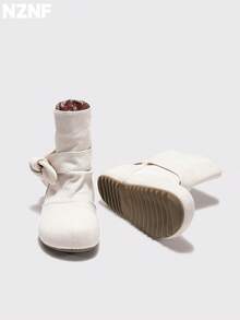 NZNF 1 Pasang Sepatu Bot Ankle Wanita Warna Polos dengan Pita Bulu Imitasi Halus untuk Musim Semi dan Gugur, Cocok untuk Aktivitas Luar Ruangan - Putih - View 8