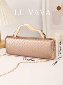 LU VAVA Solid Color Woven Evening Clutch With Wave - Shaped Gold Handle & Chain, Spring Wedding Party Luxury Bag (Champagne)​ - Champagne - View 4