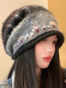 1PC Women's Fair Isle Cuffed Slouchy Beanie, Vintage Face-Slimming Cold Hat, Lazy Style Warm Head Wrap Knit Hat For Autumn & Winter - Multicolor - View 3