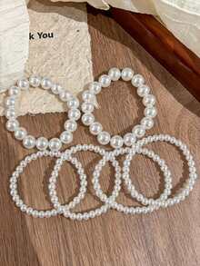6pcs French Vintage Elegant Fashion Minimalist Luxury Layered Faux Pearl Bracelets For Women Daily Holiday Commute Wear - White - View 4