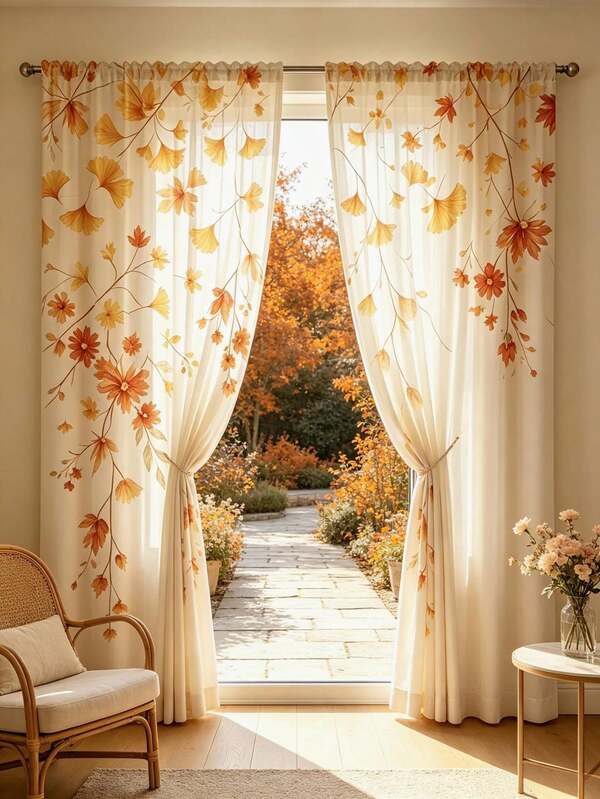 2 piezas de cortinas transparentes con estampado plano 2D de hojas de ginkgo y arce en naranja y amarillo, ramas con flores pequeñas, estilo otoñal fresco, tela translúcida de 100% poliéster, estilo de bolsillo para barra, sin forro, adecuadas para dormitorio, sala de estar, balcón, ventana mirador y B&B, solo cortinas transparentes, sin accesorios