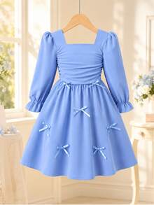 Đầm dài tay cổ vuông xếp ly bèo nhún thời trang casual cho thiếu nữ mùa thu - Màu xanh nhạt - Xem 2