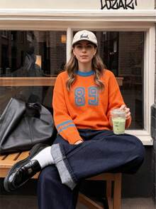 Women's Orange Colorblock 89 Number Print Crew Neck Knit Sweater, Striped Cuff Long Sleeve Autumn Casual Top - Orange - View 3