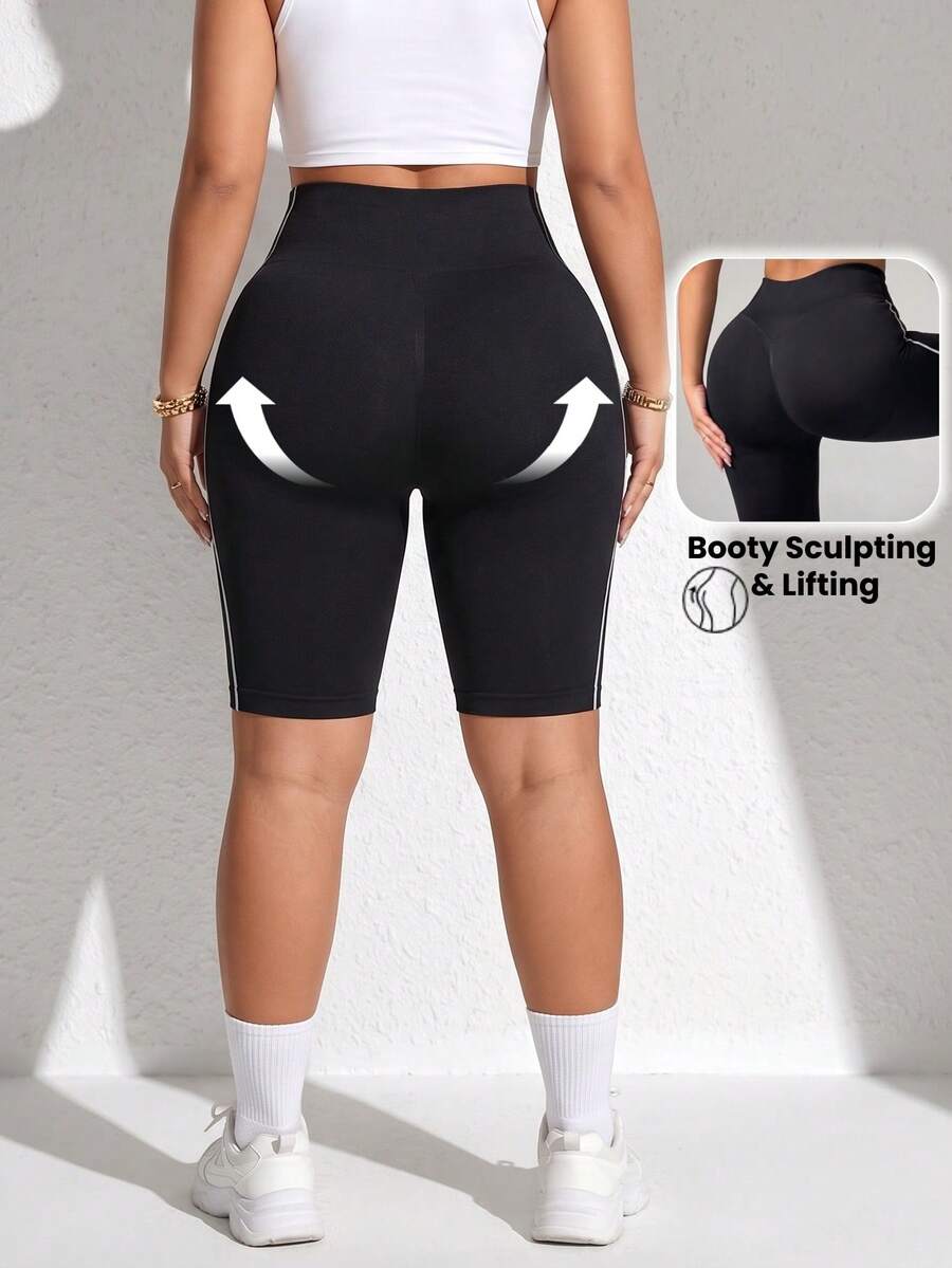 Plus Size 1-Pack Seamless High-Waist Tummy Control Sports Shorts With White Contrast Stripes, For Sports Activities, Daily Wear & Workout - Black - View 1