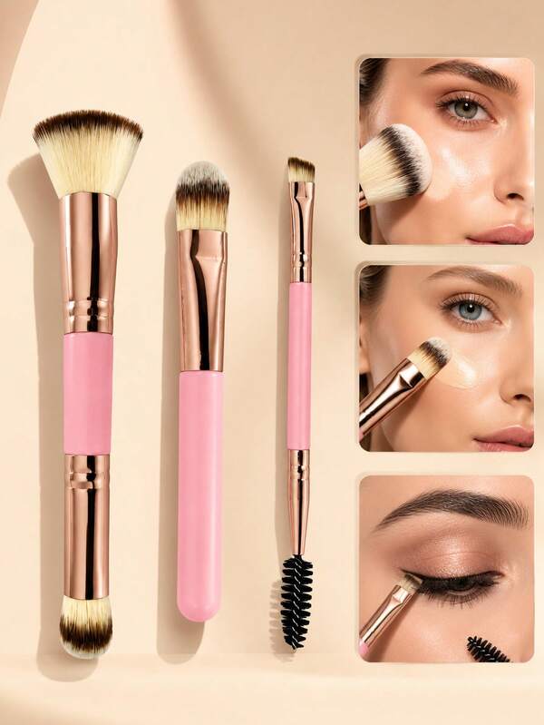 3Pcs Makeup Brush Set Pink Handle Dual Ended Eye Brush Foundation Powder Brush Soft Synthetic Bristles Beauty Tool Kit For Face Makeup Blending