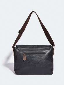 Men's Vintage Business Crossbody Bag, Flap Messenger Bag, Multi-Compartment Large Capacity, Shoulder Bag, PU Leather, Textured, Colorblock Satchel - Black - View 10