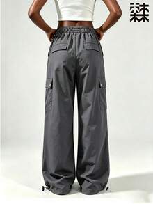 mulinsen Women's Elastic Waist Multi-Pocket Cargo Pants, Loose Wide Leg Drawstring Hem Casual Streetwear Long Pants - Dark Grey - View 2
