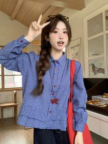 Women's Blue Plaid Shirt, Sweet Ruffle Long Sleeve Korean Style Casual Blouse - Blue - View 4