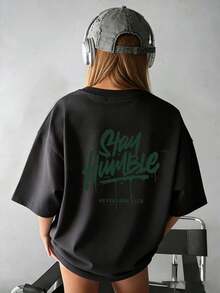 T-shirt casual nera oversize da donna personalizzata estate 2026 con stampa di lettere sul retro, perfetta per l'uso quotidiano e le feste - nero - Visualizzare 16