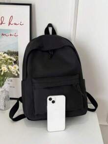 1 pieza Mochila clásica de estudiante de gran capacidad y unicolor para mujer, bolso versátil para ir al trabajo con múltiples bolsillos - Negro - Ver 9