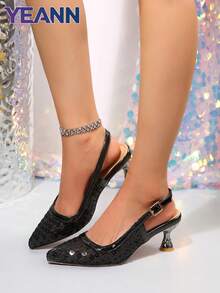 Women's White Clear Strap Square Toe Kitten Heel Slide Sandals, Transparent Crisscross Strap High Heel Mules For Summer - Black - View 5