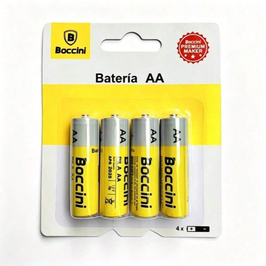 Baterías AA marca Boccini pack de 4 unidades, pilas secas de 1.5V carbono, voltaje estable sin fuga de líquido, compatible con controles remotos, juguetes infantiles, relojes, ratones, linternas y balanzas electrónicas, pilas desechables para uso diario en el hogar - Amarillo - Ver 1