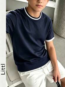 Children's Preppy Navy Blue Knit Short Sleeve Top, Striped Ribbed Collar And Cuffs With Contrast Trim, Solid Color Casual Everyday Sweater T-Shirt - Navy Blue - View 6