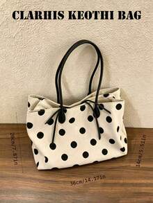 Polka Dot Canvas Tote Bag With Drawstring Design, Lightweight Casual Carryall Bag For Shopping, Work, Travel And Daily Use - Beige - View 2