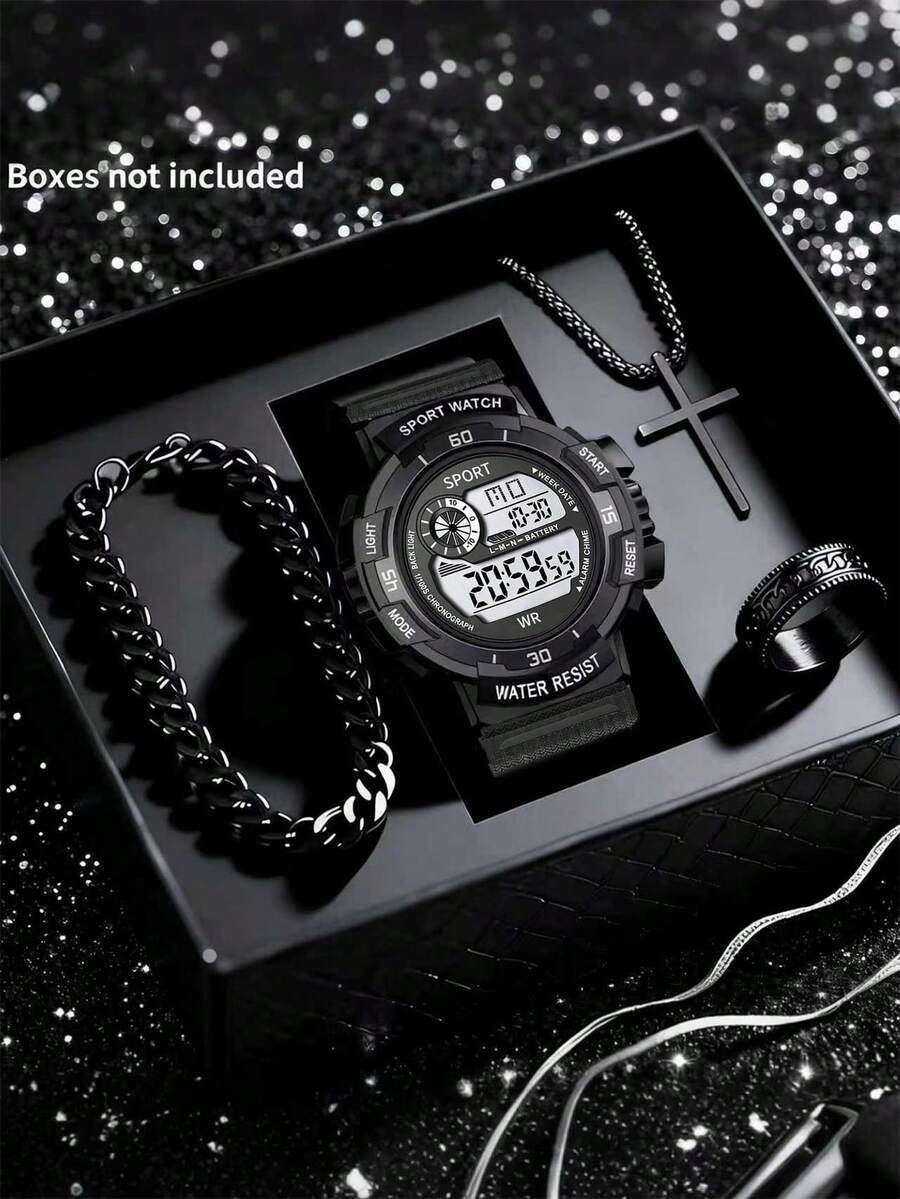 Men's Outdoor Sports Watch Set, Gradient Color, Necklace, Bracelet, Ring. Large Dial Digital Display, Stopwatch, Date. Student, Teacher, Christmas Gift. - one-size - View 1