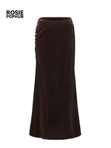 ROSIE POPHUB Women's Brown Velvet Fitted Long Dress, Elegant Slim Fit, Suitable For Office Commute, Daily Wear, Christmas, Autumn/Winter - Brown - View 8