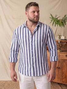 glestore Men's Plus Size Vintage Old Money Style Striped Beach Shirt, Button-Up Long Sleeve, Versatile Casual Top, Suitable For All Seasons And Summer - Navy Blue - View 3