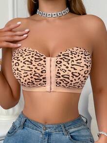 2pcs Women's Bra Set, Front Closure Design, Ruffle Trim, Molded Cups, Removable Pads, Camisole, Leopard Print + Solid Color - Multicolor - View 6