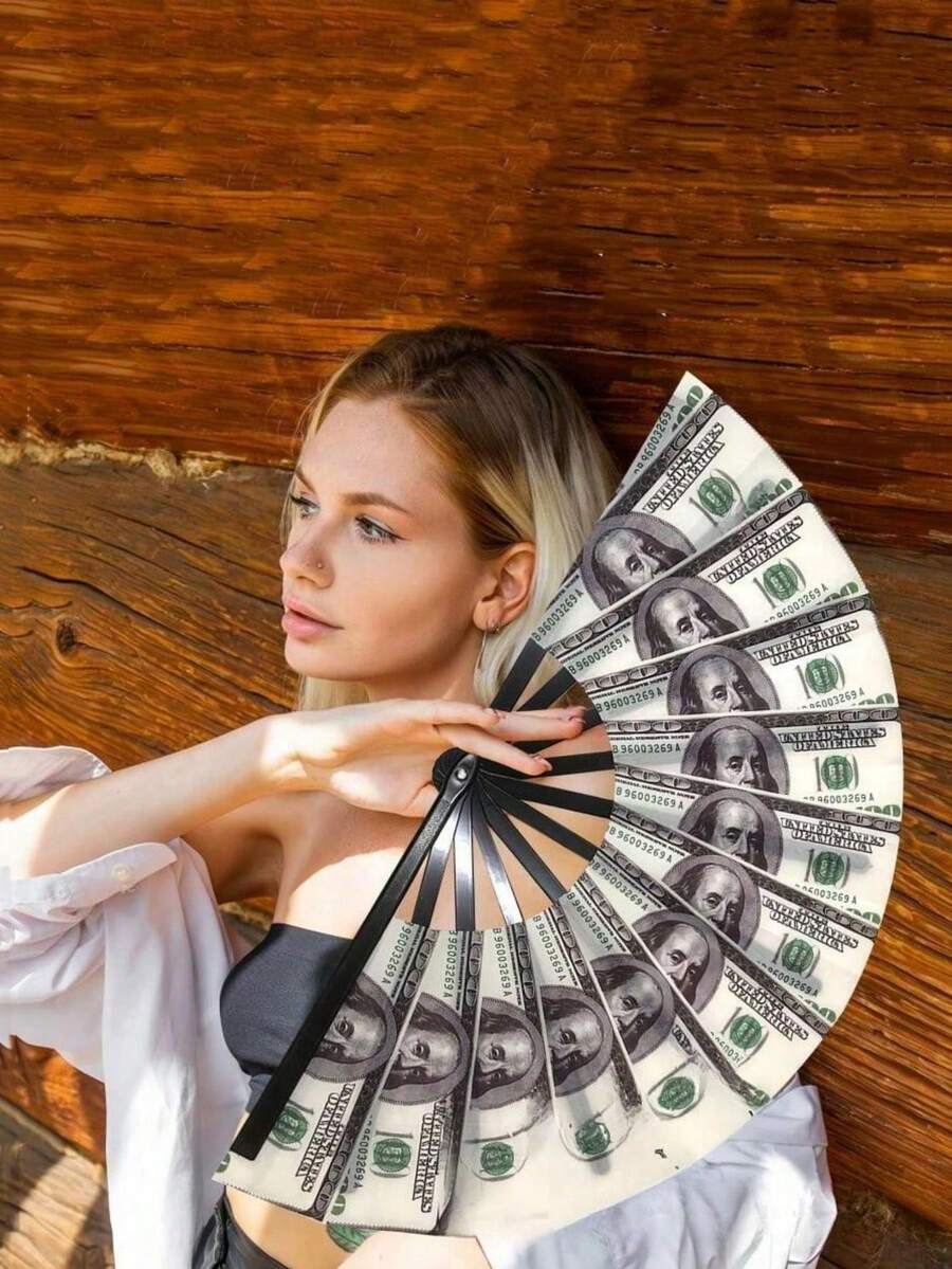 1pc Unique Folding Fan With Dollar Pattern, Innovative Design, Personalized Handheld Fan, Perfect For Parties, Weddings, Club Events, Halloween And Other Festivals