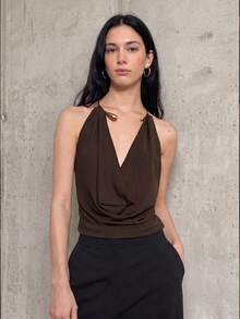Glamful Solid Color Daily Date Party Beach Backless Draped Metal Collar Sexy Sleeveless Halter Top, Summer Holiday Outfits, Vacation Outfits For Women - Brown - View 5