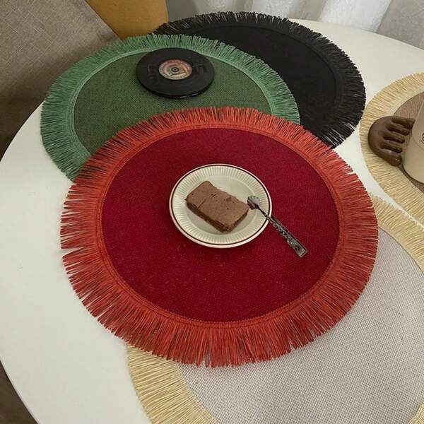 Circular Tassel Woven Placemats, Vintage Jute Textured Table Mats With Edges, Farmhouse Decorative Table Mats, Dining Tables, Coffee Cups And Plates, Family Party Christmas Table Decorations